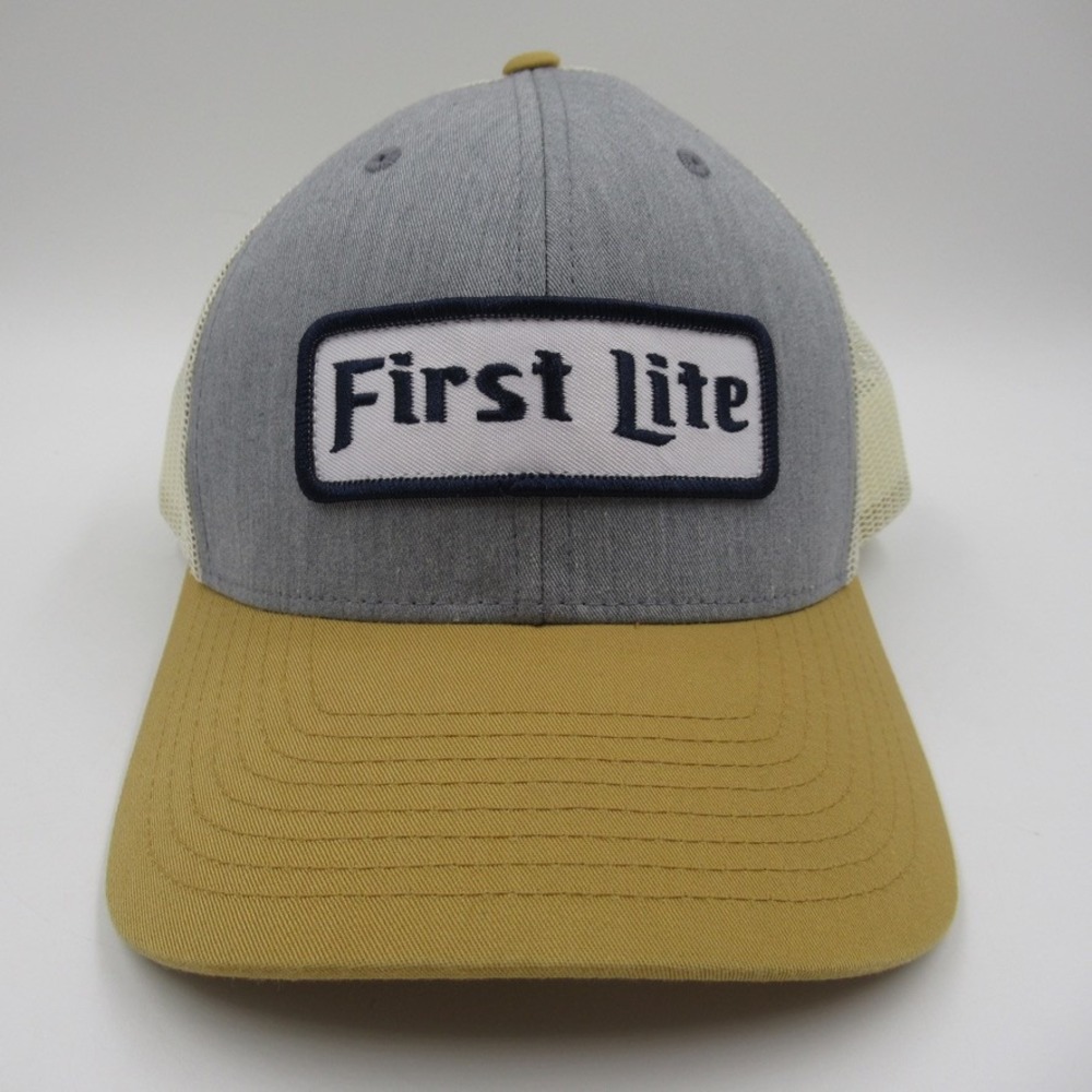 First Lite Logo Trucker Hat Mens OSFA Gray Tan Patch Snapback Mesh Cap